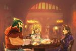  1girl 2boys blonde_hair blue_eyes blush brown_eyes brown_gloves circlet closed_eyes cup dozla_(fire_emblem) elbow_gloves fingerless_gloves fire_emblem fire_emblem:_the_sacred_stones food gloves green_hair indoors kanimiso_(kame_jima) l&#039;arachel_(fire_emblem) mug multiple_boys muscle open_mouth rennac_(fire_emblem) shoulder_spikes sitting smile spikes sweatdrop table thick_eyebrows weapon white_gloves 