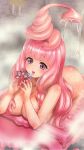  1girl airi_(queen&#039;s_blade) ass bangs bath bathing bathtub blush breasts candle collarbone eyebrows_visible_through_hair finger_puppet goo_girl hands_up highres indoors large_breasts long_hair melona menace monster_girl nanael official_art open_mouth pink_hair pink_lips prehensile_hair puppet purple_eyes queen&#039;s_blade queen&#039;s_blade_unlimited queen&#039;s_blade_white_triangle showering smile solo steam symbol-shaped_pupils tomoe transformation wading water 
