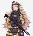  1girl blonde_hair blue_eyes body_armor bulletproof_vest cosplay fabarm_sat-8 gas_mask gign girls_frontline gloves gun lion_(rainbow_six_siege) long_hair persocon93 rainbow_six_siege s.a.t.8_(girls_frontline) shotgun solo tactical_clothes weapon 