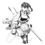  1girl arrow bangs bow_(weapon) breasts closed_mouth collarbone commentary_request cropped_legs expressionless flight_deck gloves greyscale hair_between_eyes hakama_skirt holding holding_bow_(weapon) holding_weapon japanese_clothes kaga_(kantai_collection) kantai_collection kimono leaning_forward long_hair looking_to_the_side machinery monochrome muneate partly_fingerless_gloves pleated_skirt quiver rigging side_ponytail simple_background skirt solo tasuki thighhighs water weapon weidashming white_background yugake 