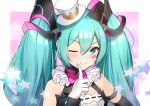  1girl :&gt; aqua_eyes aqua_hair bare_shoulders blush bow bowtie commentary diamond_(shape) facial_tattoo finger_to_mouth framed_breasts frilled_neckwear gloves hair_ornament hat hatsune_miku hokuotzu index_finger_raised long_hair looking_to_the_side magical_mirai_(vocaloid) mini_hat mini_top_hat neck_ruff one_eye_closed pink_neckwear solo star star_in_eye symbol_in_eye tattoo top_hat twintails upper_body very_long_hair vocaloid white_gloves white_headwear wrist_cuffs 