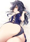  1girl :t absurdres animal_ear_fluff animal_ears ass ass_focus bangs bare_shoulders bed_sheet between_legs black_bow black_hair blue_dress blush bow breasts brown_eyes cat_ears cat_girl cat_tail closed_mouth commentary dress eyebrows_visible_through_hair hair_between_eyes hand_up highres jiiwara long_hair lying no_bra no_panties off-shoulder_dress off_shoulder on_side original pout short_sleeves small_breasts solo symbol_commentary tail tail_between_legs tail_censor 