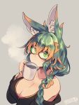  1girl animal_ear_fluff animal_ears bare_shoulders braid breasts cleavage closed_mouth coffee collarbone cup dated eyebrows_visible_through_hair glasses green_eyes green_hair grey_background hair_between_eyes holding holding_cup kuromiya kuromiya_raika large_breasts long_hair looking_at_viewer multicolored_hair orange_hair original red-framed_eyewear simple_background single_braid smile solo steam two-tone_hair upper_body 