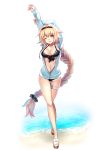  1girl ;) arms_behind_head arms_up bikini black_bikini black_hairband black_scrunchie blonde_hair blue_eyes blue_jacket braided_ponytail breasts cleavage collarbone eyebrows_visible_through_hair fate/grand_order fate_(series) floating_hair full_body gakuon_(gakuto) hair_ornament hair_scrunchie hairband halterneck head_tilt highres jacket jeanne_d&#039;arc_(fate)_(all) jeanne_d&#039;arc_(swimsuit_archer) long_hair long_sleeves looking_at_viewer medium_breasts navel one_eye_closed open_clothes open_jacket parted_lips partially_unzipped ponytail scrunchie simple_background smile solo standing stretch swimsuit thigh_strap very_long_hair white_background 