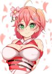  1girl 5evavajcgx4qocw ahoge armband bangs bare_shoulders belt belt_buckle blush breasts buckle cherry_blossom_print cherry_blossoms cleavage cleavage_cutout closed_mouth eyebrows_visible_through_hair flower green_eyes hair_between_eyes hair_flower hair_ornament hairclip highres hololive large_breasts looking_at_viewer medium_hair nontraditional_miko one_side_up petals pink_hair sakura_miko smile solo upper_body virtual_youtuber white_background 