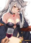  1girl alcohol animal_ears black_leotard breasts brown_eyes cleavage collarbone cup drinking_glass erune fraux gem glowing granblue_fantasy hooded_robe kauru00 leotard long_hair looking_at_viewer medium_breasts open_clothes open_robe robe silver_hair smile thighhighs twintails very_long_hair white_background wine wine_glass 