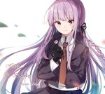  1girl black_gloves black_ribbon braid character_name commentary_request danganronpa danganronpa_1 eyebrows_visible_through_hair flower gloves hair_ribbon happy_birthday holding holding_flower jacket kirigiri_kyouko long_hair long_sleeves midou_(grk12138) necktie pleated_skirt purple_eyes purple_hair purple_jacket ribbon shirt single_braid skirt solo white_shirt 