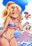  6+girls american_flag_bikini animal bangs bare_arms bare_legs bare_shoulders barefoot bikini black-framed_eyewear black_hair black_umbrella blonde_hair blue_sky blue_swimsuit blush breasts brown_eyes brown_hair chibi cleavage cloud cloudy_sky collarbone commentary_request day demon_girl demon_horns demon_wings eyebrows_visible_through_hair eyepatch eyewear_on_head flag_print flower flower_bracelet flying glasses green_hair grin hair_between_eyes hair_flower hair_ornament hand_up heart heart-shaped_eyewear high_ponytail horizon horns long_hair lying medium_breasts multiple_girls muu_rian navel ocean octopus on_back one-piece_swimsuit one_eye_closed opaque_glasses original outdoors pirate pirate_ship ponytail red_flower red_hair red_wings semi-rimless_eyewear side-tie_bikini skeleton skull sky smile swimsuit tan umbrella under-rim_eyewear underboob v water wings 