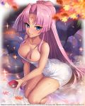  1girl alcohol ass autumn_leaves bare_shoulders blue_eyes breasts cleavage collarbone cup facial_mark forehead_mark hair_intakes hikage_eiji koihime_musou large_breasts leaf leaning_forward long_hair mole mole_under_mouth naked_towel official_art onsen pink_hair ponytail rock sakazuki sake sitting smile solo sonsaku sparkle thighs towel very_long_hair water white_towel 