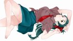  1girl barefoot brown_shirt dress_shirt green_eyes green_hair green_skirt hair_ribbon irako_(kantai_collection) kantai_collection long_hair looking_at_viewer lying necktie ojipon ponytail red_neckwear ribbon shirt short_sleeves simple_background skirt solo white_background 