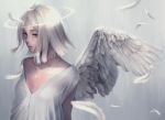  1girl angel angel_wings bare_shoulders breasts closed_mouth commentary_request feathers grey_background grey_theme halo highres jewelry kalua looking_away necklace off_shoulder original partially_unbuttoned pendant shirt short_hair silver_eyes silver_hair single_wing upper_body white_shirt wings 