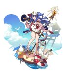  1girl bird blue_hair dragalia_lost estelle_(dragalia_lost) fang full_body hat holding jacket long_hair looking_at_viewer megaphone non-web_source official_art open_mouth purple_eyes ripples saitou_naoki sand shiny solo staff swimsuit transparent_background water 