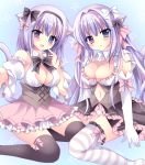  2girls animal_ear_fluff animal_ears black_bow black_hairband black_legwear black_skirt blue_eyes bow breasts cat_ears cat_girl cat_tail cleavage collared_shirt commentary_request detached_sleeves elbow_gloves frilled_legwear frilled_shirt frilled_skirt frills gloves hair_bow hair_intakes hairband heterochromia kirishima_riona large_breasts long_hair medium_breasts multiple_girls navel navel_cutout original pink_bow pink_skirt pleated_skirt purple_eyes purple_hair shirt skirt sleeveless sleeveless_shirt striped striped_legwear tail thighhighs underbust very_long_hair white_bow white_gloves white_shirt white_sleeves 