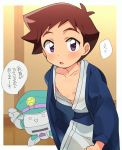  1boy blush brown_hair chest chokutsuu_(menino) hayasugi_hayato japanese_clothes male_focus nipples open_mouth pinching purple_eyes shinkansen_henkei_robo_shinkalion simple_background spiked_hair sweatdrop white_background 