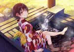  1girl bare_shoulders bath bench blush brown_eyes brown_hair commentary floral_print flower from_behind from_side fukahire_(ruinon) grass grin hair_flower hair_ornament japanese_clothes kimono looking_at_viewer obi original outdoors red_kimono sash short_hair sitting smile soaking_feet solo yukata 