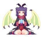  1girl animal_ears bat_ears dragon_wings fake_animal_ears fire_emblem fire_emblem:_the_sacred_stones fire_emblem_heroes full_body fur_trim halloween_costume highres long_sleeves maidforge manakete multi-tied_hair myrrh_(fire_emblem) purple_hair red_eyes simple_background sitting solo twintails white_background wings 