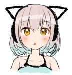  1girl animal_ears aqua_hair aqua_shirt bangs bare_shoulders blush camomi cat_ears collarbone fake_animal_ears kanade_kanon kanade_kanon_official looking_at_viewer multicolored_hair shirt silver_hair simple_background solo v_ap_art virtual_youtuber white_background yellow_eyes 