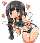  1girl bangs black_hair blunt_bangs breasts brown_eyes commentary eyebrows_visible_through_hair heart heavy_breathing kanikama kantai_collection kitakami_(kantai_collection) long_hair looking_at_viewer lowres midriff navel simple_background solo sportswear standing sweat tan tanline underboob v white_background 