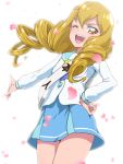  1girl ;d blonde_hair blue_skirt brown_eyes commentary_request drill_hair hand_on_hip himenojou_sakurako long_hair long_sleeves looking_at_viewer looking_to_the_side mihoshi_middle_school_uniform one_eye_closed open_mouth petals precure school_uniform simple_background skirt smile solo star_twinkle_precure tj-type1 twin_drills white_background 