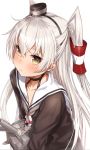  1girl 1other amatsukaze_(kantai_collection) brown_dress commentary_request dress hair_tubes hat highres kantai_collection lifebuoy long_hair looking_at_viewer mini_hat rensouhou-kun sailor_dress silver_hair simple_background smokestack_hair_ornament takanashi_kei_(hitsujikan) thighhighs two_side_up upper_body white_background windsock 
