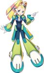  1girl android blonde_hair blue_eyes breasts full_body gloves head_tilt highres index_finger_raised looking_at_viewer mizuno_keisuke official_art open_mouth palette_(rockman) robot_ears rockman rockman_x small_breasts smile solo transparent_background white_gloves 