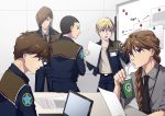  5boys back black_neckwear blonde_hair braid brown_hair chang_wufei computer cup disposable_cup drinking drinking_straw duo_maxwell english_text expressionless green_eyes gundam gundam_wing hair_over_one_eye heero_yuy highres holding holding_drink holding_paper jacket laptop long_hair male_focus multiple_boys necktie open_mouth paper ponytail profile purple_eyes quatre_raberba_winner rei_(usabiba) single_braid table trowa_barton upper_body 