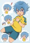  ! 2boys 317_(saina) :t ? blush chestnut_mouth chibi collage full_body hair_between_eyes highres hiura_kirina inazuma_eleven_(series) inazuma_eleven_ares_no_tenbin light_blue_hair looking_at_viewer male_focus multiple_boys pout purple_eyes raimon raimon_soccer_uniform short_hair shorts smile soccer_uniform sportswear tears 