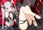  1girl :q antenna_hair arm_up ass azur_lane bare_legs black_bow black_dress black_footwear black_gloves bow breasts closed_mouth cross dated dress gloves hair_bow high_heels knees_up large_breasts lightning long_hair looking_at_viewer multicolored_hair no_mole prinz_eugen_(azur_lane) prinz_eugen_(cordial_cornflower)_(azur_lane) reclining red_eyes red_hair sidelocks signature smile solo streaked_hair tongue tongue_out twitter_username unel white_hair 