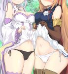 2girls arisa_(shadowverse) asymmetrical_docking bare_shoulders black_panties boots breast_press breasts brown_footwear brown_gloves bush cameltoe cleavage close-up closed_mouth commentary_request day detached_sleeves dress dress_lift elbow_gloves emilia_(re:zero) flashing gloves groin hair_ribbon head_out_of_frame highres legs legs_together lifted_by_self lower_body medium_breasts momio multiple_girls outdoors panties parted_lips purple_ribbon re:zero_kara_hajimeru_isekai_seikatsu red_ribbon ribbon shadowverse shiny shiny_skin side-tie_panties silver_hair sleeveless sleeveless_dress standing stomach thigh_boots thighhighs thighs underwear white_dress white_legwear white_panties 