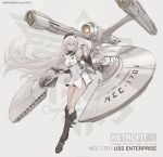  1girl alternate_costume azur_lane bare_shoulders beret black_headwear boots breasts detached_sleeves dishwasher1910 dress english_commentary enterprise_(azur_lane) full_body grey_background hat long_hair medium_breasts namesake parody phaser purple_eyes sketch solo space_craft star_trek underbust uss_enterprise_ncc-1701 white_dress white_hair 