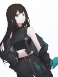  1girl absurdres aqua_eyes bangs black_jacket black_pants black_shirt breasts brown_hair commentary_request crop_top dutch_angle green_eyes highres holding idolmaster idolmaster_cinderella_girls jacket long_hair looking_at_viewer looking_to_the_side medium_breasts midriff mycash75 navel off-shoulder_jacket pale_skin pants parted_lips shibuya_rin shirt simple_background sleeves_past_wrists solo strap upper_body white_background 