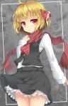  1girl ascot black_skirt black_vest blonde_hair commentary_request cowboy_shot eyebrows_visible_through_hair grey_background highres long_sleeves looking_at_viewer petticoat red_eyes red_neckwear red_scarf rumia scarf short_hair skirt skirt_set solo touhou uumaru vest 