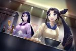  2girls bangs beppu_mitsunaka black_hair breasts cooking fate/grand_order fate_(series) japanese_clothes kappougi large_breasts long_hair low-tied_long_hair minamoto_no_raikou_(fate/grand_order) multiple_girls parted_bangs purple_eyes purple_hair rice_spoon side_ponytail traditional_clothes ushiwakamaru_(fate/grand_order) very_long_hair 
