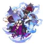  1girl bare_shoulders black_hair book breasts cassandra_(dragalia_lost) chair cleavage cleavage_cutout closed_mouth crossed_legs dragalia_lost dress duster elbow_gloves feather_boa feather_duster full_body gloves hair_ornament headwear high_heels hitodama holding jewelry large_breasts leg_ribbon long_hair looking_at_viewer non-web_source official_art pouring red_eyes ribbon saitou_naoki scarf see-through sitting smile solo tea transparent_background 