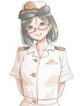  1girl alternate_costume arms_behind_back bangs black_hair epaulettes eyebrows_visible_through_hair glasses hat head_tilt highres japan_maritime_self-defense_force japan_self-defense_force kantai_collection kirishima_(kantai_collection) looking_at_viewer military military_hat military_uniform naval_uniform parted_bangs red-framed_eyewear reizou short_hair simple_background smile solo uniform upper_body white_background white_headwear 