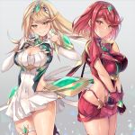  2girls bangs bare_shoulders black_gloves blonde_hair blush breasts chest_jewel cleavage cleavage_cutout closed_mouth dress earrings elbow_gloves faulds fingerless_gloves gem gloves grey_background hands_on_own_chest headpiece highres hikari_(xenoblade_2) hinot homura_(xenoblade_2) jewelry large_breasts long_hair looking_at_viewer multiple_girls red_eyes red_hair red_shorts short_dress short_hair shorts shoulder_armor smile swept_bangs thigh_strap thighs tiara white_dress white_gloves wind wind_lift xenoblade_(series) xenoblade_2 yellow_eyes 