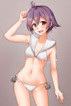  1girl alternate_costume anchor anti_(untea9) bikini blush breasts collarbone cosplay gradient gradient_background highres kantai_collection navel open_mouth purple_hair red_eyes sailor_bikini sailor_collar sakawa_(kantai_collection) short_hair small_breasts smile solo swimsuit white_bikini z3_max_schultz_(kantai_collection) z3_max_schultz_(kantai_collection)_(cosplay) 