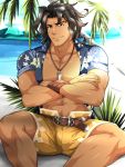  1boy absurdres beach belt black_hair brown_eyes chest crossed_arms dark_skin dark_skinned_male day dragalia_lost floral_print hawaiian_shirt highres jewelry jpeg_artifacts looking_at_viewer male_focus medium_hair muscle navel necklace nura ocean outdoors pectorals ranzal shirt short_sleeves shorts sitting smile solo wristband yellow_shorts 