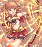  1girl belt blush bow brown_hair capelet detached_sleeves fire gatchapowa gloves glowing green_eyes hair_ornament hair_rings inosaki_rino looking_at_viewer medium_hair midriff navel open_mouth princess_connect! princess_connect!_re:dive shorts shorts_under_skirt simple_background solo 