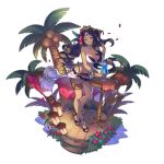  1girl aqua_eyes bikini black_hair braid breasts cleavage coconut coconut_tree dark_skin dragalia_lost drink facial_mark flower forehead_mark full_body garters hair_flower hair_ornament headgear jewelry large_breasts long_hair looking_at_viewer non-web_source official_art palm_tree saitou_naoki smile solo swimsuit table transparent_background tree verica very_long_hair 