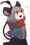  1girl :d animal_ears arm_behind_back bangs blush capelet check_commentary commentary commentary_request grey_hair highres layered_clothing mouse_ears mouse_tail nazrin open_mouth prat_rat red_eyes red_scarf ribbon scarf short_hair simple_background smile solo sparkle tail tail_ribbon touhou upper_body 