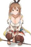  1girl atelier_(series) atelier_ryza breasts bridal_legwear brown_hair brown_legwear cleavage closed_mouth collarbone hair_ornament hairclip hat highres jewelry large_breasts looking_at_viewer navel necklace neee-t red_shorts reisalin_stout short_hair short_shorts shorts solo squatting star star_necklace thighhighs toes white_background white_headwear white_legwear 
