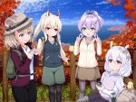  4girls :d :o alternate_costume animal animal_ears arm_support autumn_leaves ayanami_(azur_lane) azur_lane backpack bag bangs bird black_legwear black_pants black_ribbon black_skirt blue_jacket blue_sky brown_eyes brown_headwear brown_shirt brown_skirt bunny_ears bunny_hair_ornament camera chick closed_mouth cloud commentary_request day double_v eyebrows_visible_through_hair fence green_eyes green_shorts grey_legwear hair_between_eyes hair_ornament hair_ribbon hairband hands_up hat headgear high_ponytail holding holding_camera horizon iron_cross jacket javelin_(azur_lane) laffey_(azur_lane) legwear_under_shorts light_brown_hair long_hair long_sleeves manjuu_(azur_lane) multiple_girls ocean open_clothes open_jacket open_mouth outdoors pants pantyhose parted_lips ponytail purple_eyes purple_hair purple_jacket purple_vest red_eyes ribbon shirt shorts silver_hair skirt sky smile striped striped_shirt thermos twintails u2_(5798239) v very_long_hair vest water white_hairband white_jacket white_shirt z23_(azur_lane) 