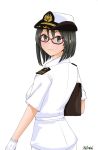  1girl alternate_costume artist_name bag black_hair brown-framed_eyewear commentary_request cowboy_shot female_service_cap glasses gloves japan_maritime_self-defense_force japan_self-defense_force jousanrou kantai_collection kirishima_(jmsdf) kirishima_(kantai_collection) looking_at_viewer military military_uniform naval_uniform short_hair short_sleeves simple_background smile solo uniform white_background white_gloves white_headwear 