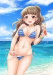  1girl bangs bikini blue_bikini blunt_bangs braid braided_bun breasts brown_hair cameltoe cleavage commentary_request eyebrows food hair_bun ice_cream idolmaster idolmaster_cinderella_girls kamiya_nao open_mouth ozaki_mirai red_eyes side-tie_bikini solo striped striped_bikini swimsuit thick_eyebrows untied untied_bikini wardrobe_malfunction 