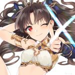  1girl armlet artist_name bangs bare_shoulders black_gloves black_hair blush breasts cleavage earrings elbow_gloves fate/grand_order fate_(series) gloves hair_ribbon highres hoop_earrings ishtar_(fate/grand_order) jewelry long_hair looking_at_viewer one_eye_closed pointing pointing_at_viewer red_eyes ribbon simple_background single_elbow_glove small_breasts smile solo two_side_up upper_body white_background xacco 