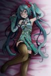  1girl armpits bed_sheet blue_eyes blue_hair blush breasts brown_legwear cleavage_cutout commentary detached_sleeves dress eyebrows_visible_through_hair foot_out_of_frame from_above green_dress green_sleeves hair_between_eyes hair_ornament hatsune_miku head_tilt highres long_hair long_sleeves looking_at_viewer open_mouth print_dress print_sleeves project_diva_(series) shiny shiny_hair short_dress sleeveless sleeveless_dress small_breasts solo sweatdrop thighhighs tsukishiro_saika twintails very_long_hair vocaloid zettai_ryouiki 