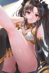  1girl absurdres asymmetrical_legwear asymmetrical_sleeves bangs bare_shoulders black_hair breasts commentary_request detached_collar earrings elbow_gloves fate/grand_order fate_(series) gloves hair_ribbon highres hoop_earrings ishita_umi ishtar_(fate/grand_order) jewelry long_hair long_legs looking_at_viewer medium_breasts parted_bangs red_eyes ribbon single_elbow_glove single_thighhigh smile solo thighhighs two_side_up 