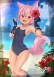  1girl absurdres ahoge animal_ears bangs beach blurry blurry_background blush competition_school_swimsuit day ears english_commentary fangs fingerless_gloves flower fox_ears fox_tail gloves hair_flower hair_ornament hibiscus highres hotel01 looking_at_viewer one-piece_tan open_mouth original outdoors pink_eyes pink_hair school_swimsuit short_hair solo sorbet_(hotel01) standing swimsuit tail tan tanline 