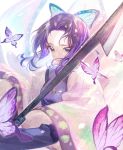  1girl absurdres animal_print bangs breasts bug butterfly butterfly_hair_ornament butterfly_print coat forehead foreshortening hair_ornament hamurekatsu haori highres insect japanese_clothes katana kimetsu_no_yaiba kochou_shinobu lips long_sleeves looking_at_viewer medium_breasts parted_bangs purple_butterfly purple_eyes purple_hair short_hair solo sword uniform upper_body weapon wide_sleeves wind 